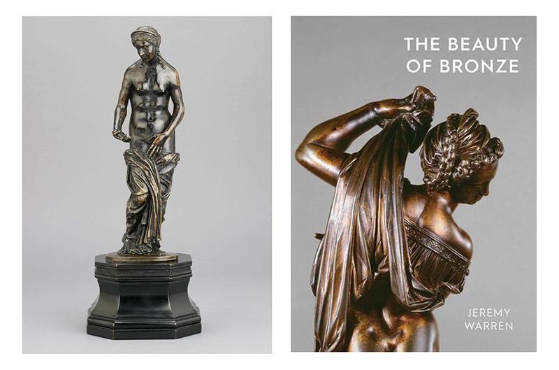 An elegant Renaissance bronze statue of Venus and a jacket cover of Jeremy Warren's book The Beauty of Bronze showing another female statue