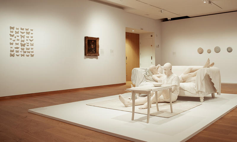 Sons and couch sculpture Inside the Daphne Wright exhibition showing the gallery wall displays