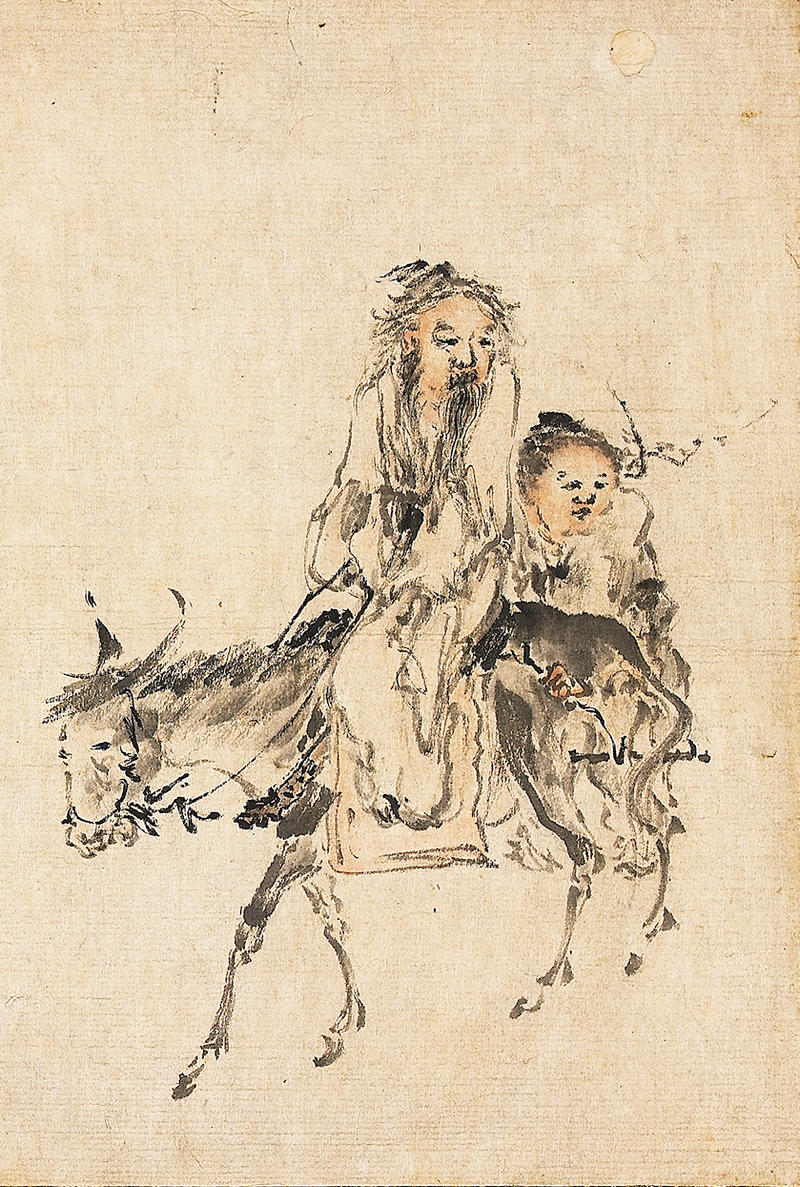 Painting of an old man riding a donkey