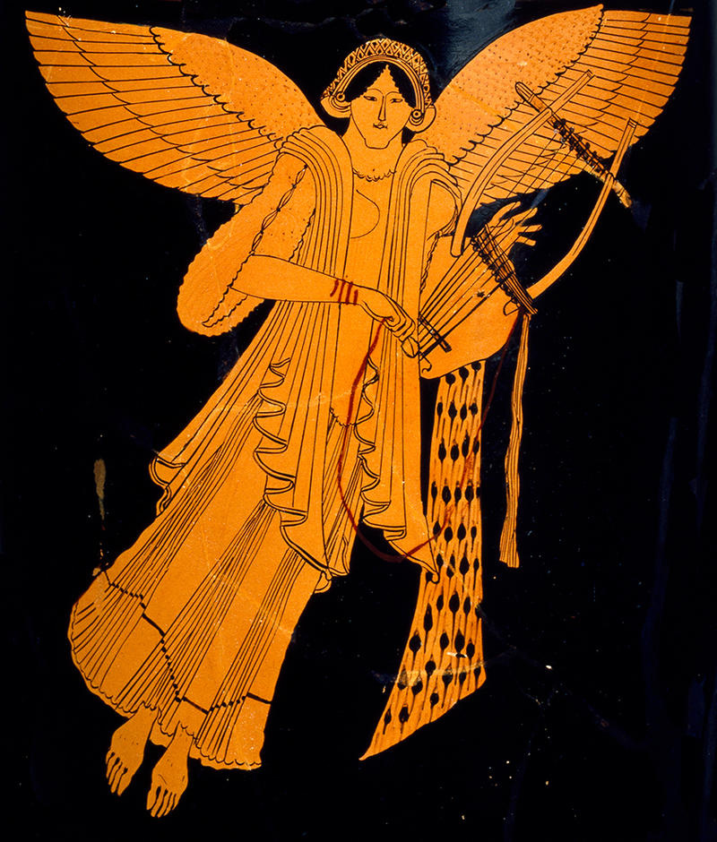 An orange winged Nike figure playing a lyre instrument on a black ceramic pot