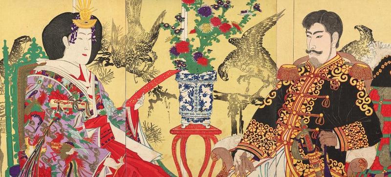 Colourful Japanese triptych woodblock print showing the Meiji Emperor and Empress