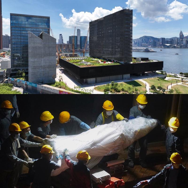 Collage of Hong Kong's M+ museum and photo of 'Pillar of Shame' sculpture wrapped in plastic below it from the South China Morning Post