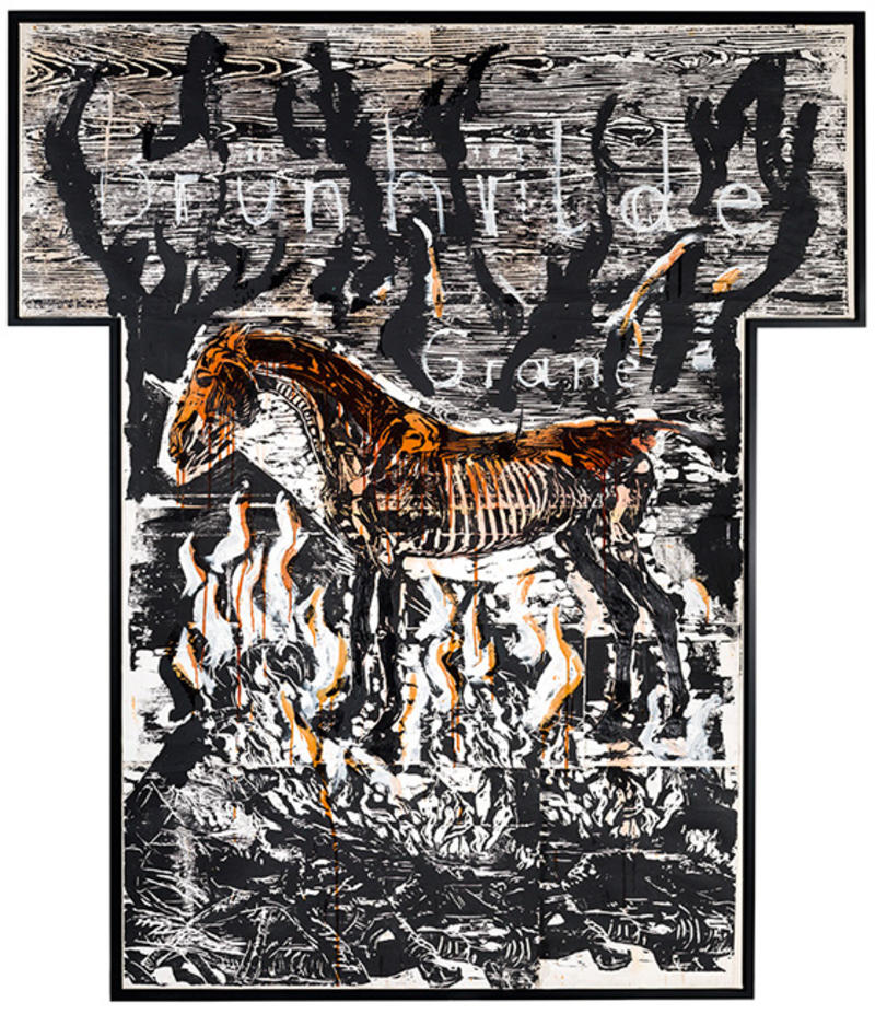 Brunhilde Grane, Anselm Kiefer, 1978, collage of woodcuts on paper with acrylic, Hall Collection © Anselm Kiefer. Photo: Arthur Evans T-shaped large woodcut in black and white with firey splashes of colour over the horse figure depicting Brunhild Grane by Anselm Kiefer