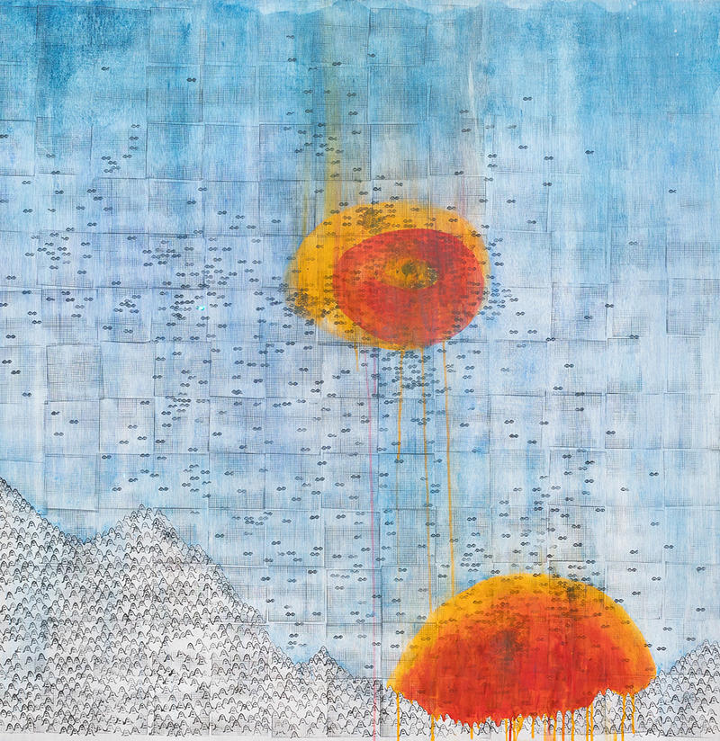 Over the Edge, Stanley Donwood & Thom Yorke, 2023, termpera, gouache & ink on board (used for The Smile) © Stanley Donwood & Thom Yorke. Photo courtesy of TIN MAN ART Abstract painting called Over the Edge for Thom Yorke's band The Smile