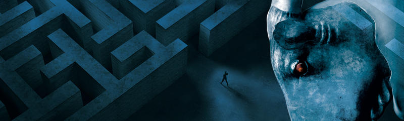 Image of a bull overlooking a large maze and a figure approaching its entrance