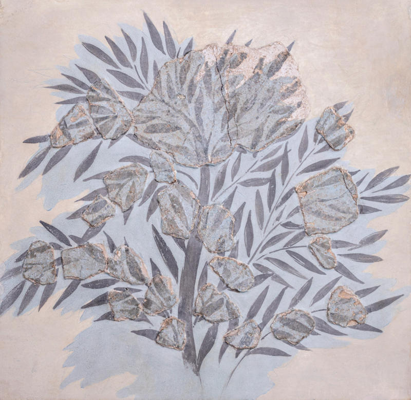 Olive tree fresco from Knossos in pale silvery greys, dating back to 1700-1450 BCE, Olive tree fresco from Knossos in pale silvery greys, dating back to 1700-1450 BCE, measuring 75 x 70 com