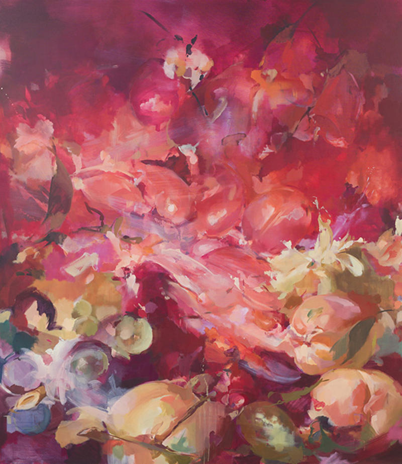 Flora Yukhnovich's artwork from the Ashmolean Now summer 2023 exhibition showing red and pink and white abstract blooms