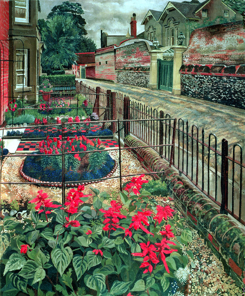 Gardens in the Pound, Cooking painting by Stanley Spencer showing colourful front gardens of terraced street and a cloudy sky above