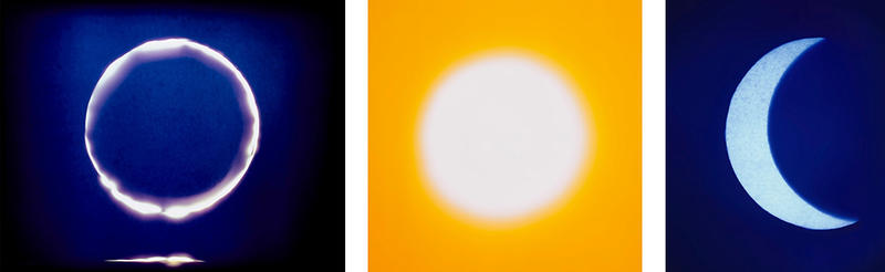 Three images of the moon side by side, the lefthand is a full moon with a shadow on a  blue night, the middle bright yellow full moon, right a crescent moon at dusk in blue