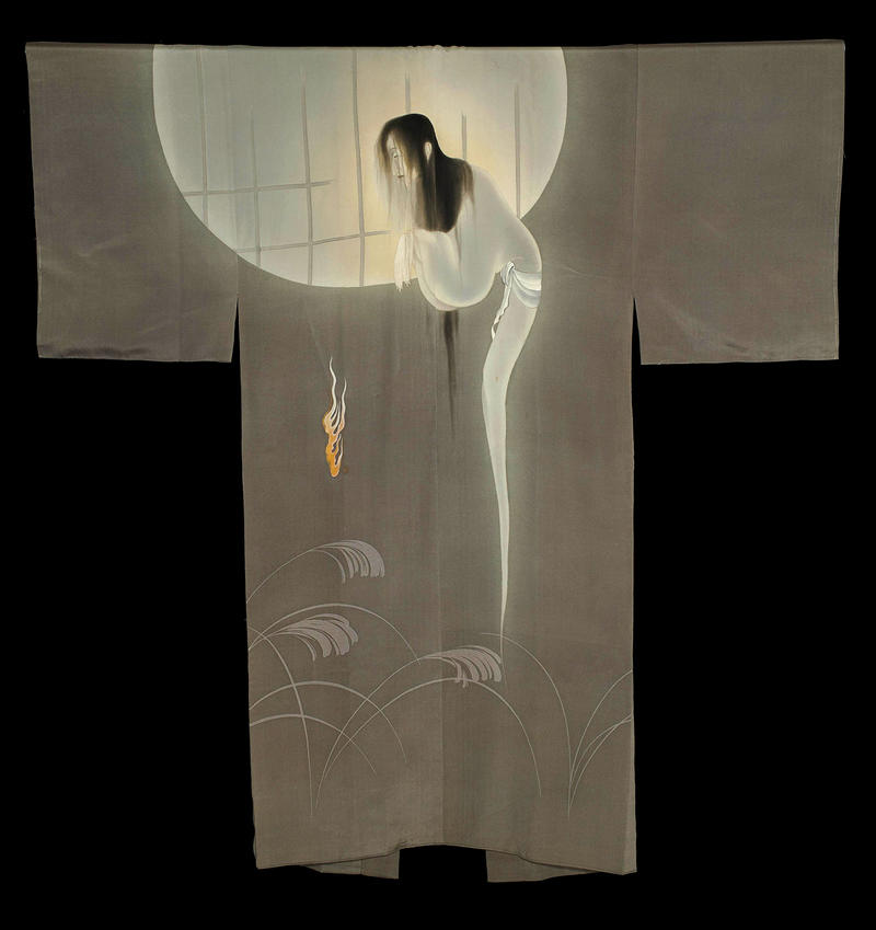 Kimono showing a ghost in front of a giant moon in pale creams and muted greys