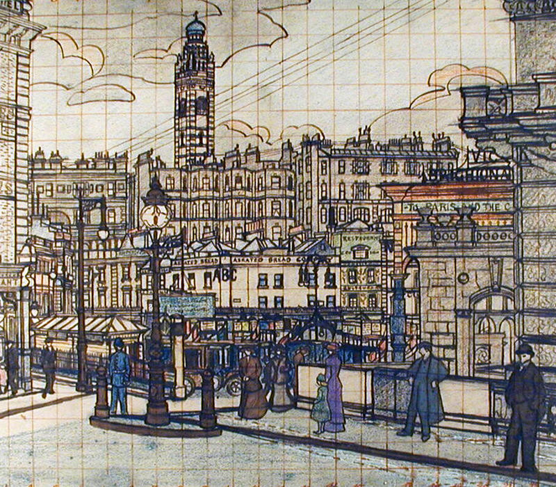 Post-Impressionist style painting of Victoria Station in pen and bluish and dark brown inks with wash and watercolour and squared in red ink