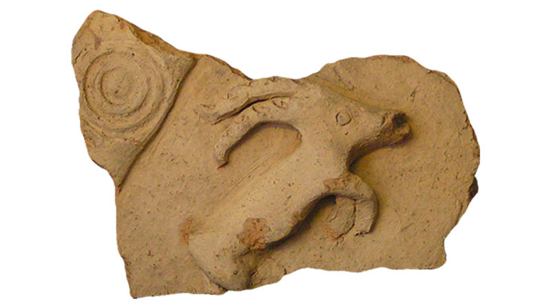 Pottery vessel fragment showing a wild goat in relief