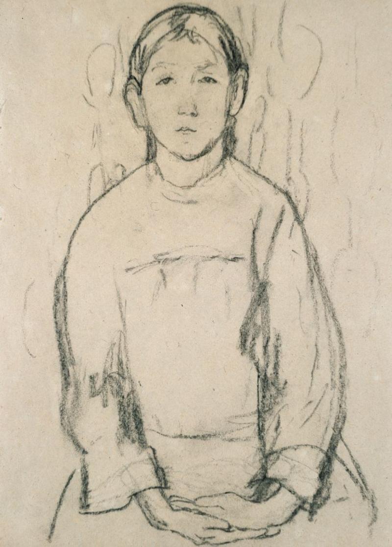 Charcoal sketch drawing of a young girl sitting with her hands crossed on her lap