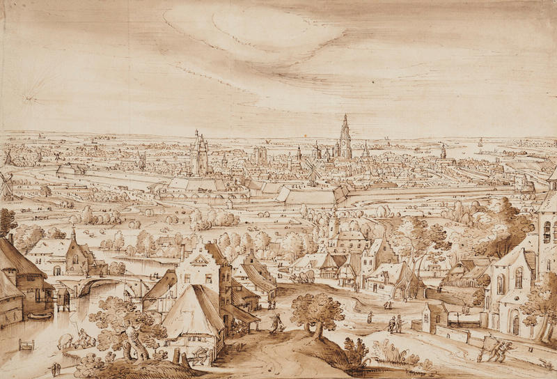 Hans Bol (1534–1593), Distant View of Antwerp, c.1575, pen in brown ink, with brown wash, over black chalk, on laid paper. WA1863.149 Ink drawing by Hans Bol, from the 16th century, showing a distant but detailed view of the city of Antwerp