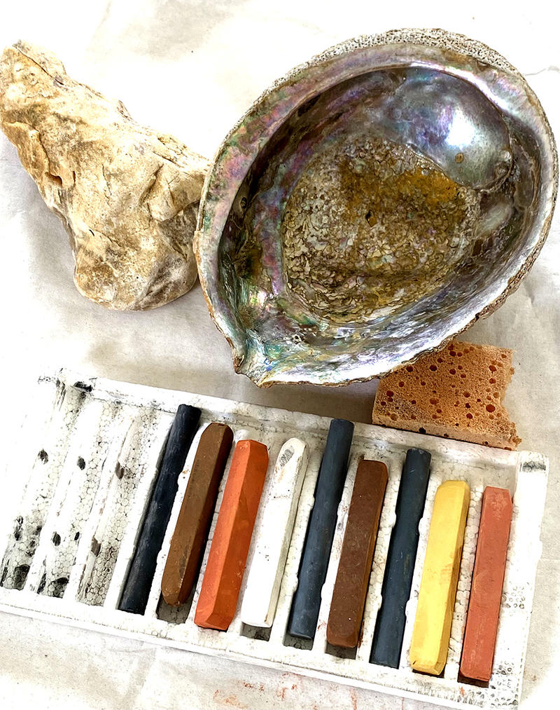 Artist's natural pigments colour palette and mixing bowl