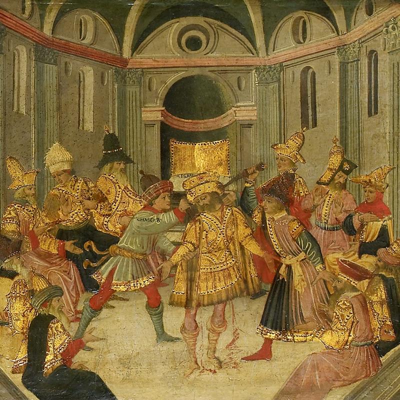 A detail of an oil painting of Julius Caesar being surrounded and stabbed by conspirators