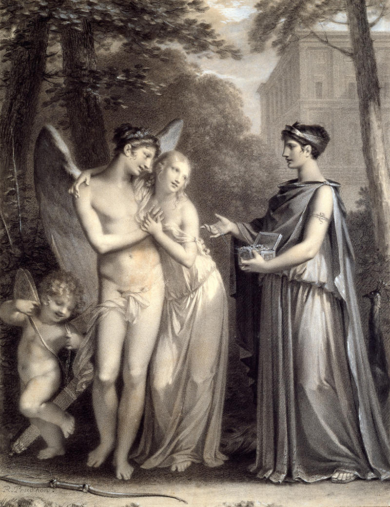 Classical figures drawn in black and white with a cherub