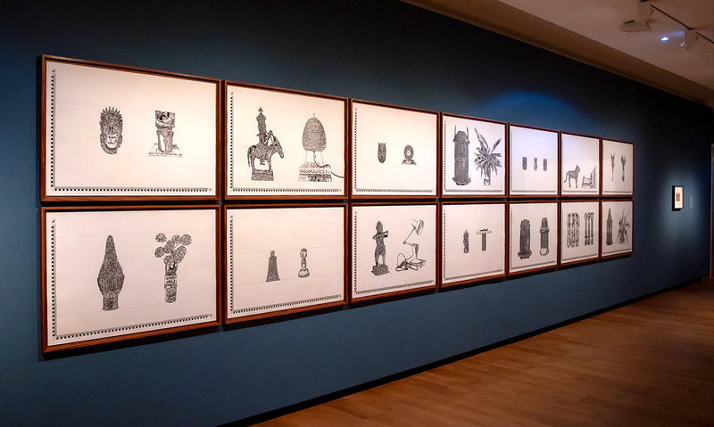 Inside the Pio Abad Ashmolean Now exhibition gallery showing the wall with his black and white drawings