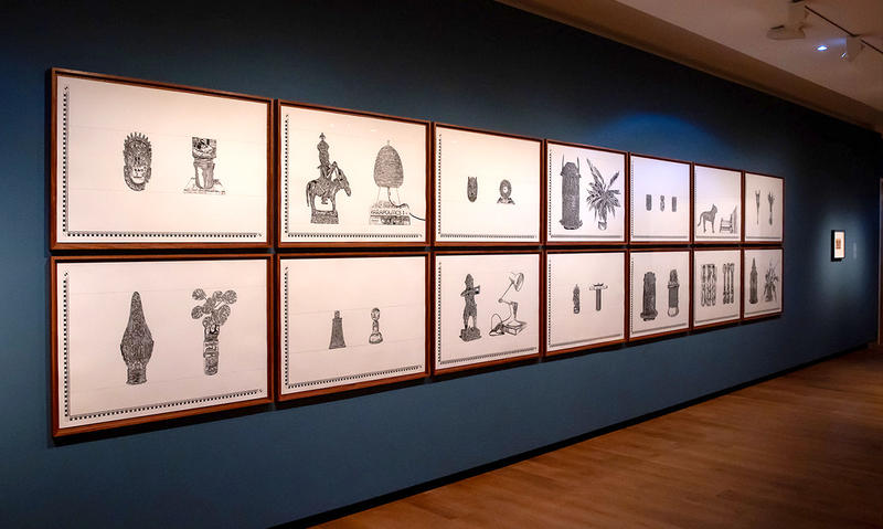 Inside the Pio Abad Ashmolean Now exhibition gallery showing the drawing series © Ashmolean Museum / Hannah Pye Inside the Pio Abad Ashmolean Now exhibition gallery showing the wall with his black and white drawings
