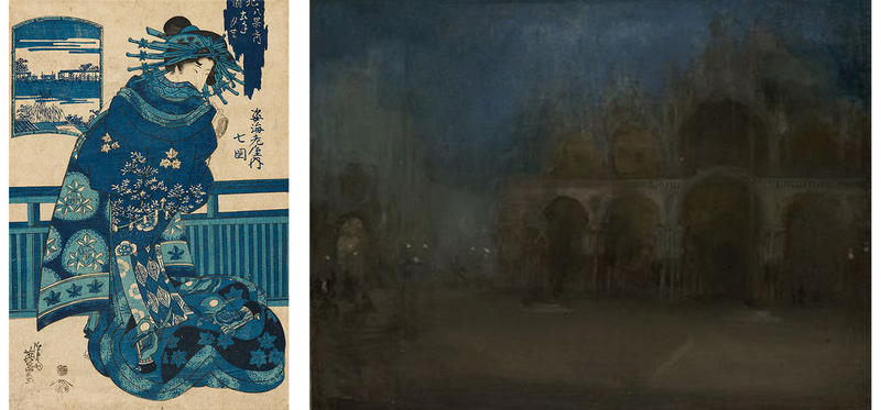 Japanese Hiroshige print shown left using the blues which inspired Whistler's Nocturne in Blue of St Mark's Venice painting (on right) Japanese Hiroshige print using the blues which inspired Whistler's Nocturne in Blue of St Mark's Venice painting