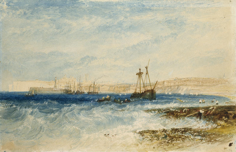A watercolour painting of a tall ship off the coast of Margate, with figures in the water in the foreground and the town visible in the background. 