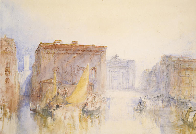 A watercolour over graphite view of buildings in Venice