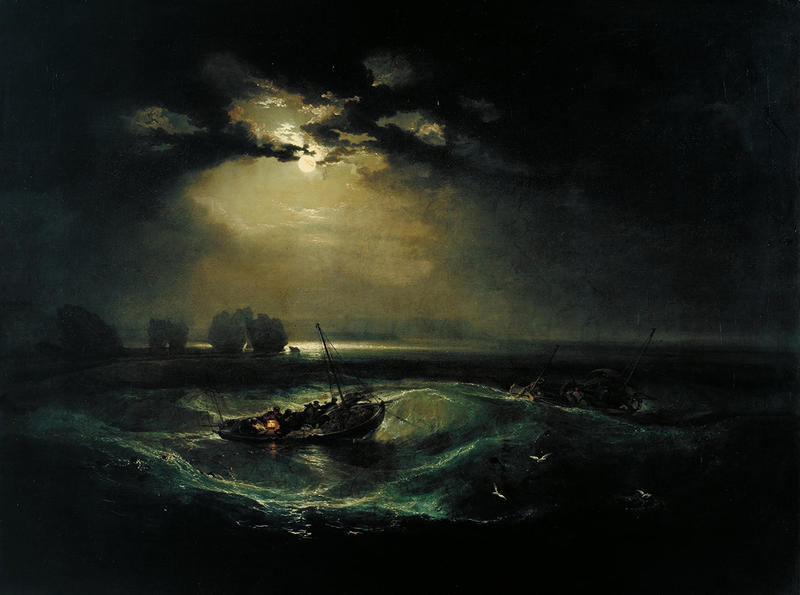 An oil painting of a dark, moonlit scene featuring two fishing boat at sea near rocks at 'the Needles', Isle of Wight, Photo © Tate