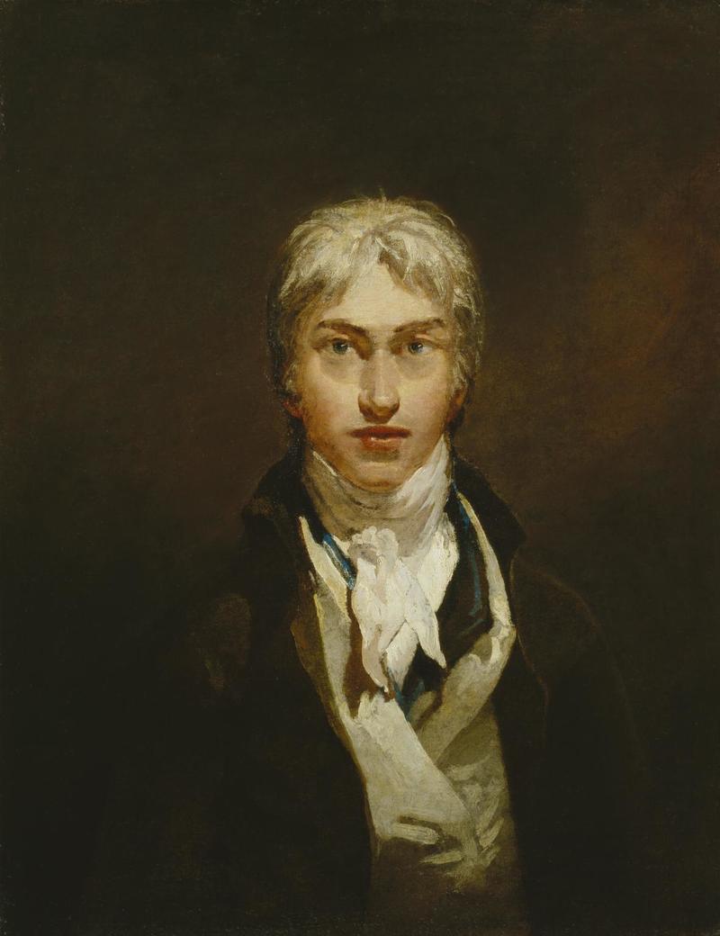 An oil on canvas painting of the artist at 24, facing forward and wearing a cravat under a white waistcoat and dark jacket.