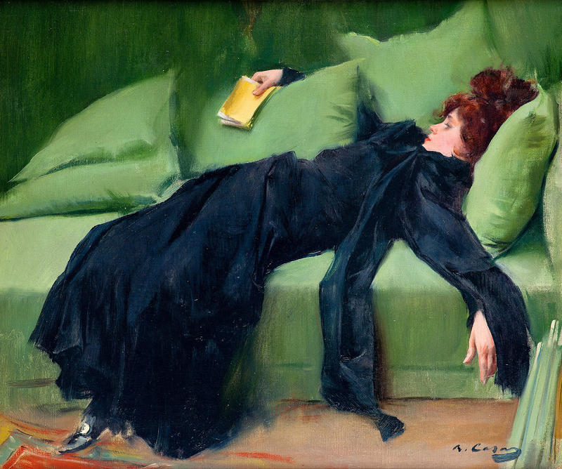 Jove Decadent, Despres del ball by Ramon Casas, 1899, a beautiful oil painting showing a young woman reclining on a green chaise long, wearing a black dress and holding a yellow book