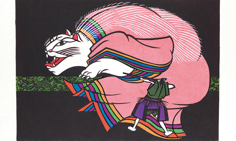 Giant pink cat Kabuki stencil print - by Japanese artist Takahashi Hiromitsu, 1998