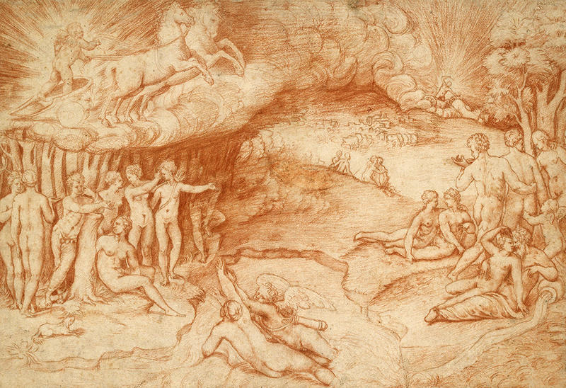 Sepia wash drawing of The Triumph Of Love classical scene by the artist Giulio Bonasone