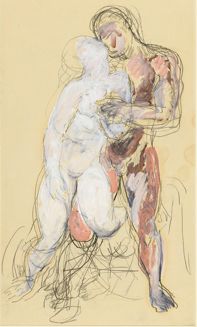 Washy rough drawing of a full-length embracing couple with the female nude in white being held by the male figure in shades of brown and pinks