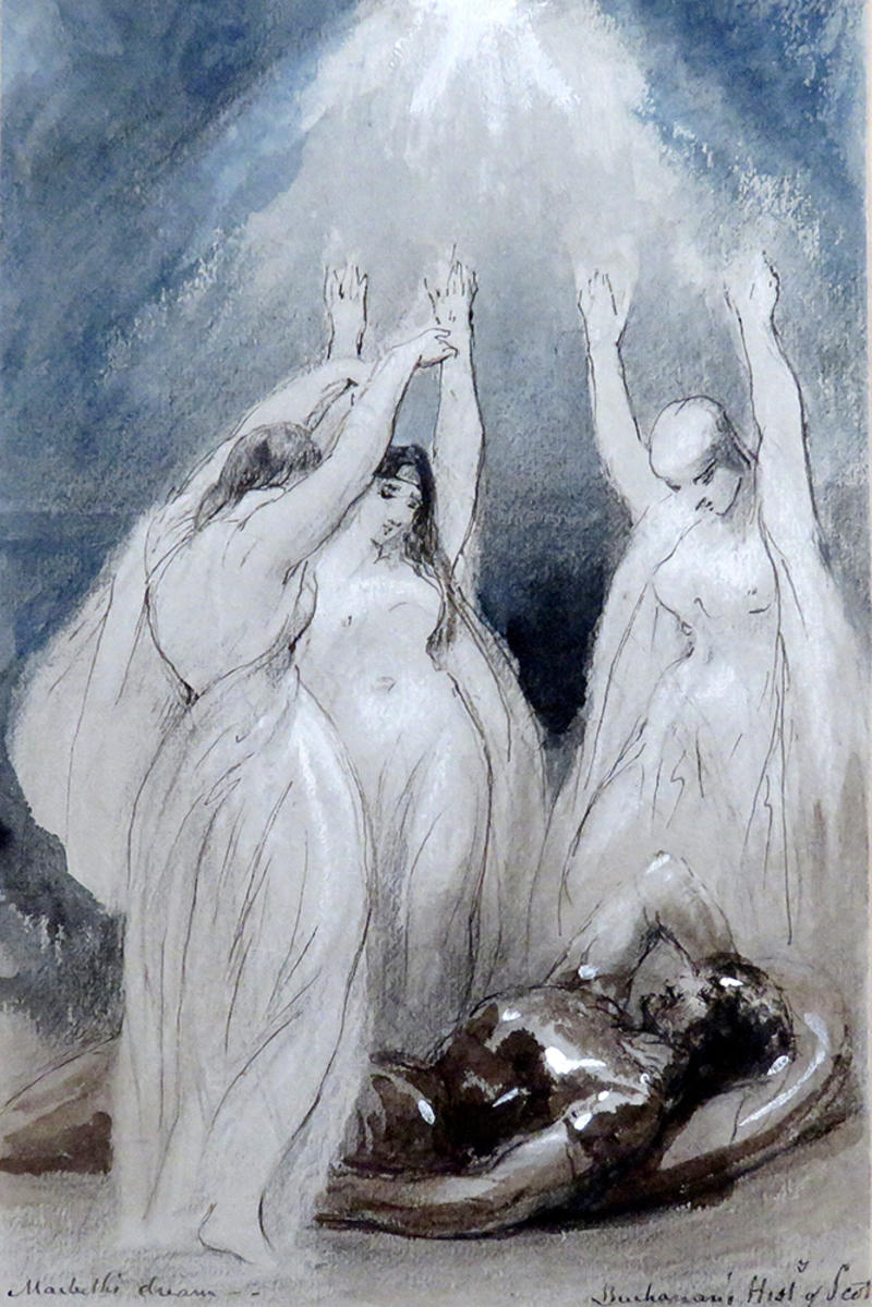 An ethereal 19th-century showing 3 witches conjuring spells over a cauldron - the drawing is in black, browns over a washy blue background by George Jones