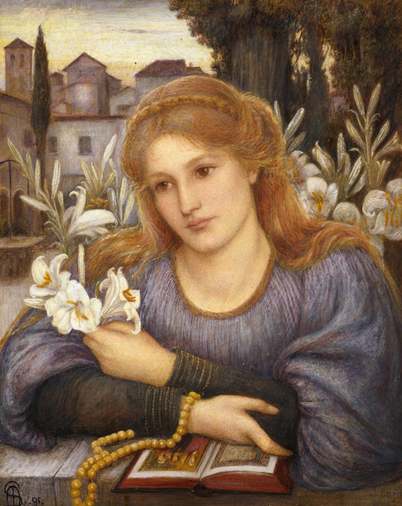 A painting of a woman with red hair, in a purple dress, holding white flowers and resting on an open book