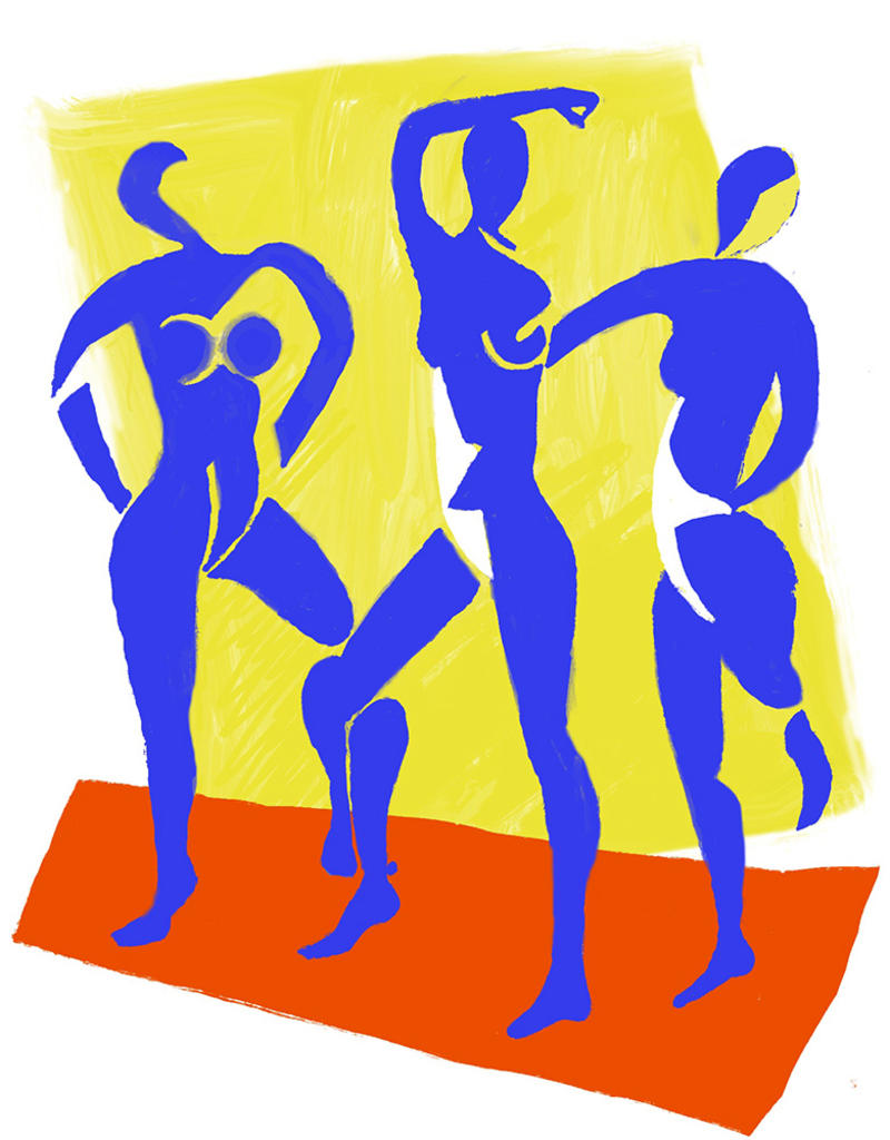 Artist Martin Beek's Matisse-style paper collage with bright blue posing figures against yellow and red blocks