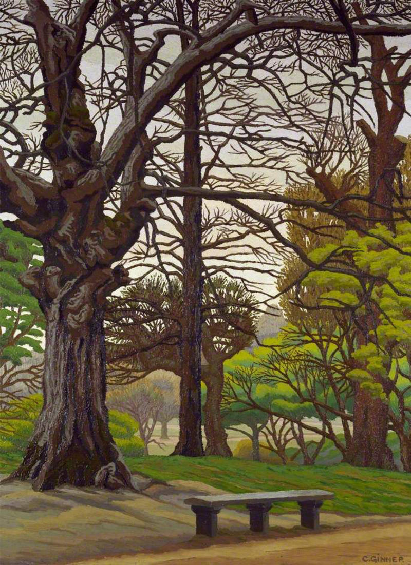 Hampstead Heath trees and bench in spring by Charles Isaac Ginner 
