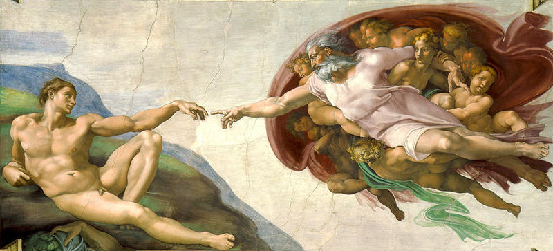Michelangelo's Creation of Adam famous fresco in the Vatican depicting God reaching out with his outstretched hand to grant Adam the gift of life