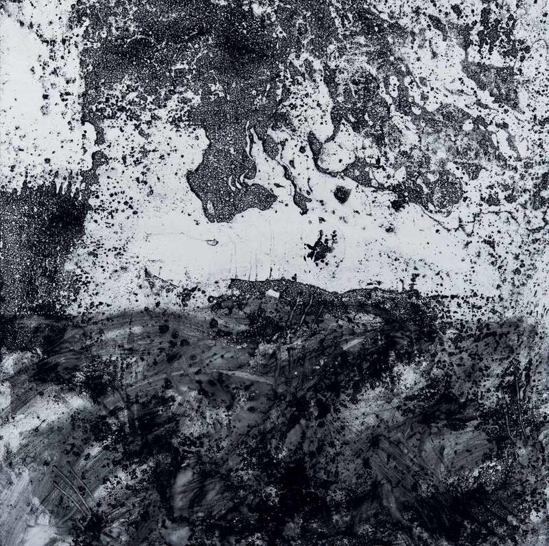 Wraith (for A Moon Shaped Pool album), 2016, enamel on canvas © Thom Yorke & Stanley Donwood Abstract Moon shaped pool artwork in black and white
