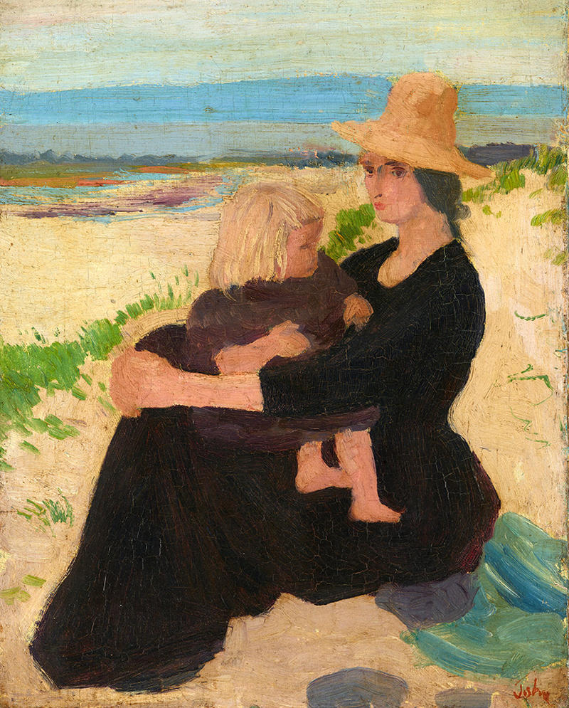 A colourful painting of a mother holding a child sat on the sandy dunes of a beach