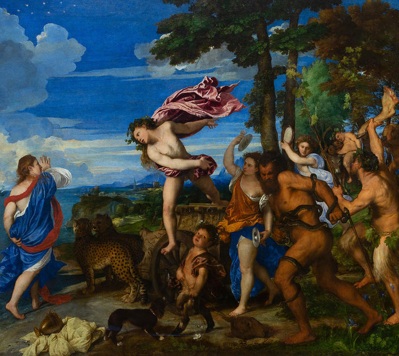 This famous oil painting Bacchus and Ariadne by Titian depicts a mythological scene with several figures, including a partially clothed woman and men, surrounded by animals and trees under a blue sky, 1522–1523