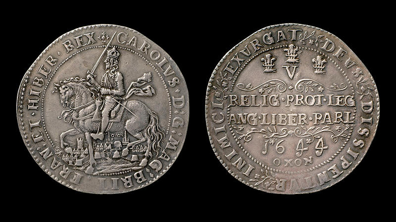 Both sides of the Oxford Crown coin showing King Charles I of England riding his horse and holding his sword facing left, poised above the city of Oxford, and on the right is the date and inscription of OXON. Dates to 1644