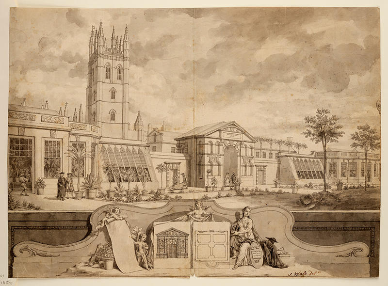 A drawing of Oxford Botanic Garden by Samuel Wale from the 18th century