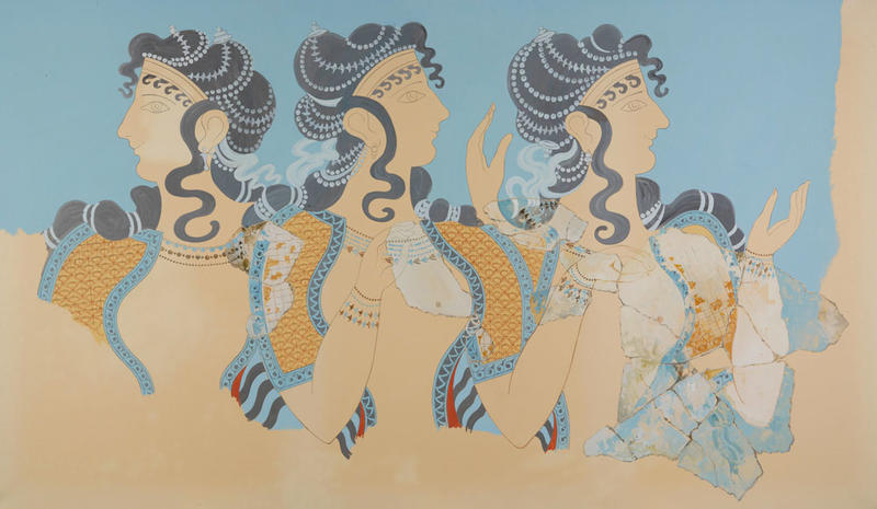 Watercolour copy of a fresco painting at the palace of Knossos, of three ladies against a blue background