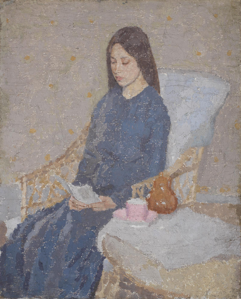 A painting of a young woman convalescing in a blue dress sitting in an armchair reading a book