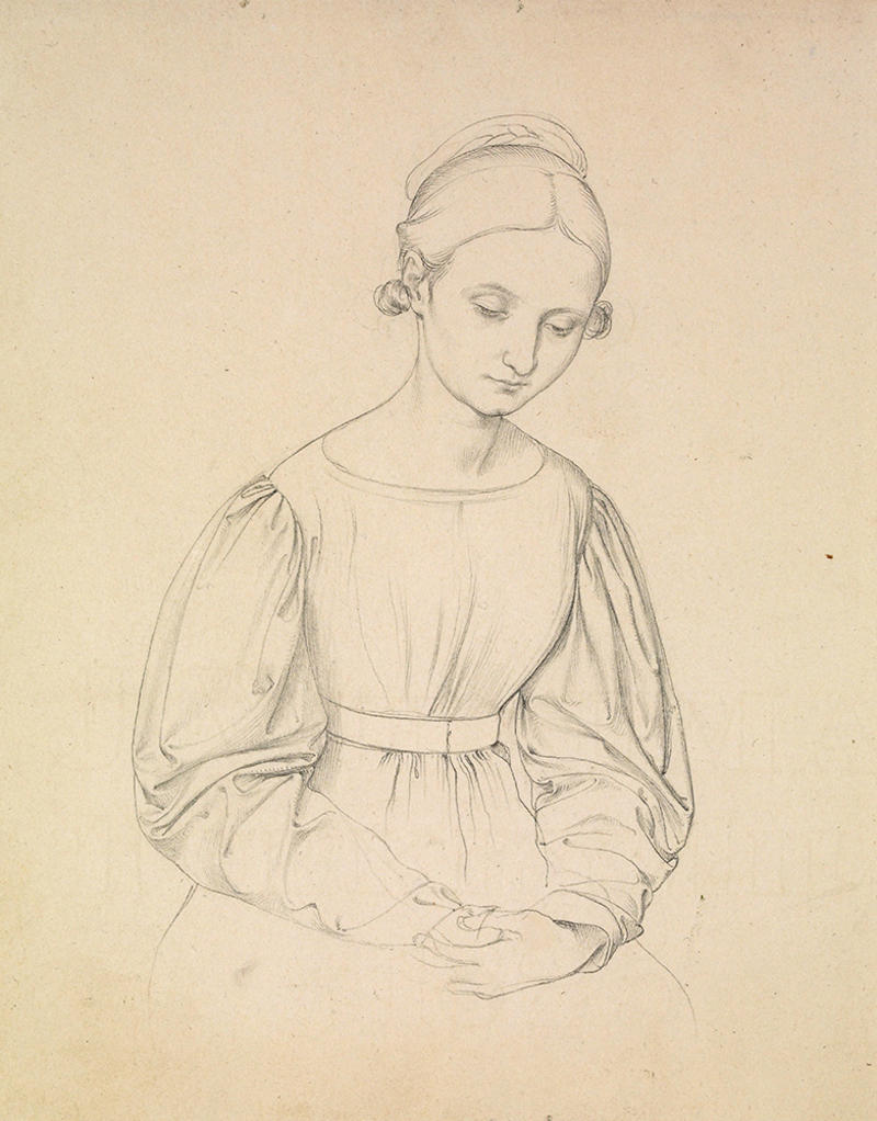 Black and white drawing of a young woman looking down hands clasped