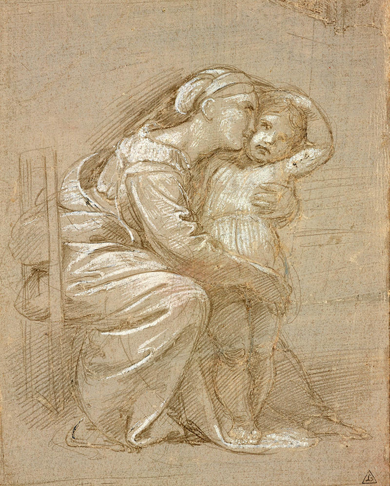 A drawing by Raphael of a mother kneeling and tenderly embracing her young standing child, in chalks
