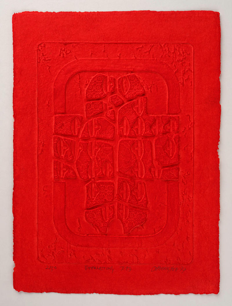 Red relief on cast paper by Cheung Yee, dating to 1977