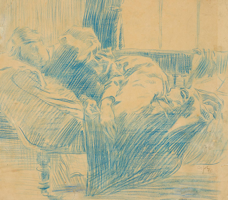 Blue chalk and white drawing by Augustus John of his sister Gwen John reclining on a sofa