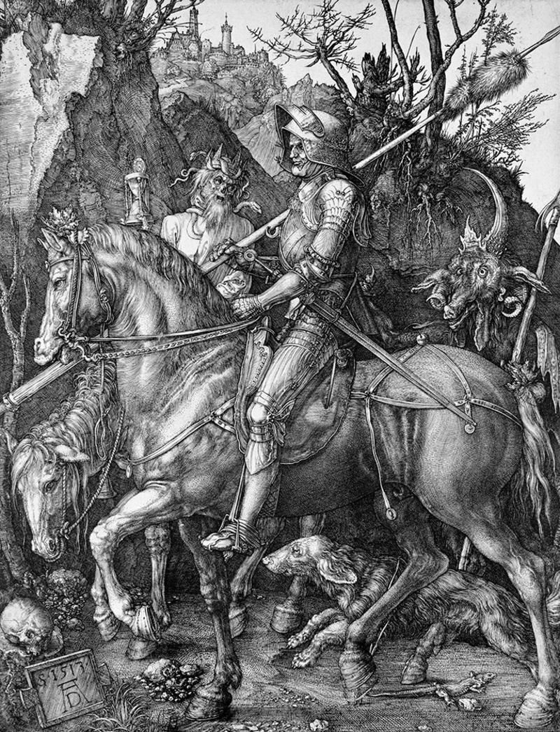 Allegorical print by Albrech Durer in black and white showing a Knight mounted on a horse in an encounter with Death on a horse and the Devil - surrounded by skulls