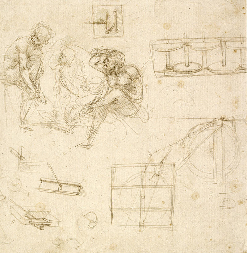 A sketch by Leonardo da Vinci showing studies of figures and machines